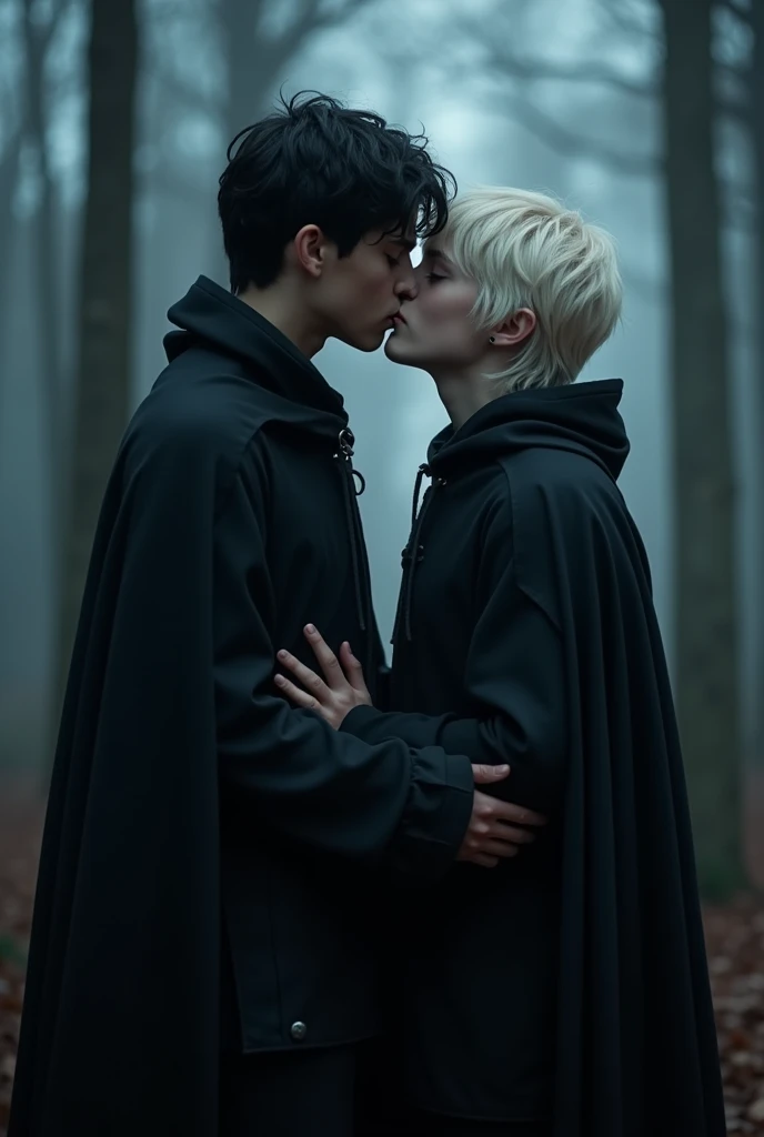 Please generate a beautiful 17 year old boy with blonde hair, blue eyes and a glare on his face and shoulder length white hair passionately kissing a tall black haired 16 year old boy who has white skin, black hair and blue eyes. Both wearing black cloaks. Ancient setting. Weather is dark and there is a forest in the background. Moonlight. Captured as a cinematic film still, shot on a V-Raptor XL, the scene is enhanced with bright sharpness and post-processing. The cinematic lighting and 35mm film quality create an atmospheric, epic, and stunning masterpiece, full of dramatic flair. No facial hair.