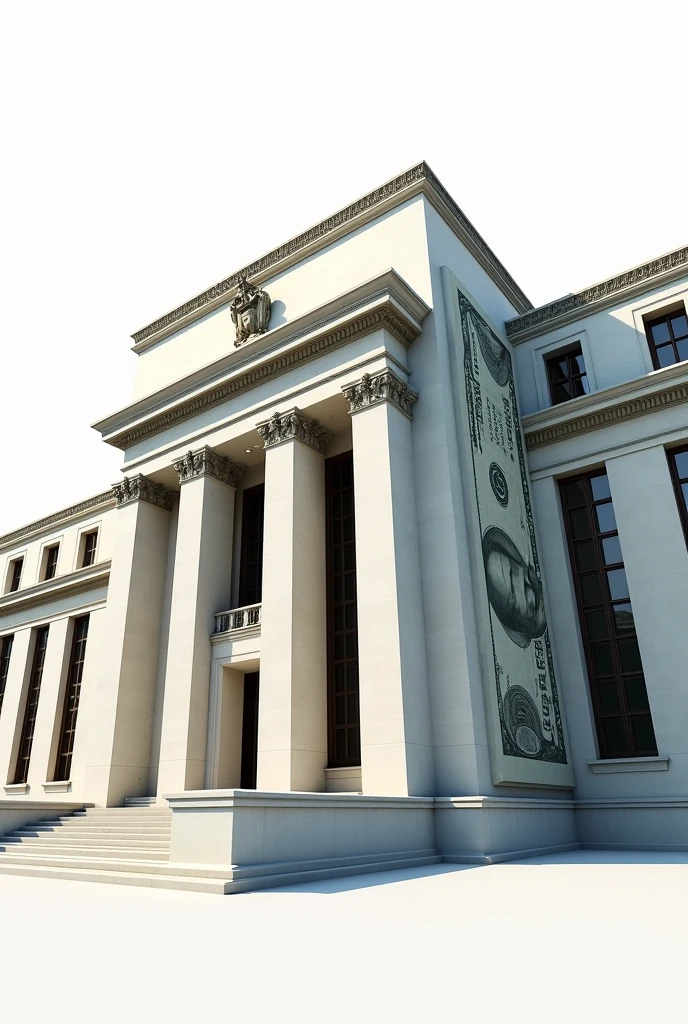 A fedral reserve bank with clear white background , from one side big half 100 dollar note is out and half of note is inside fedral reserve bank