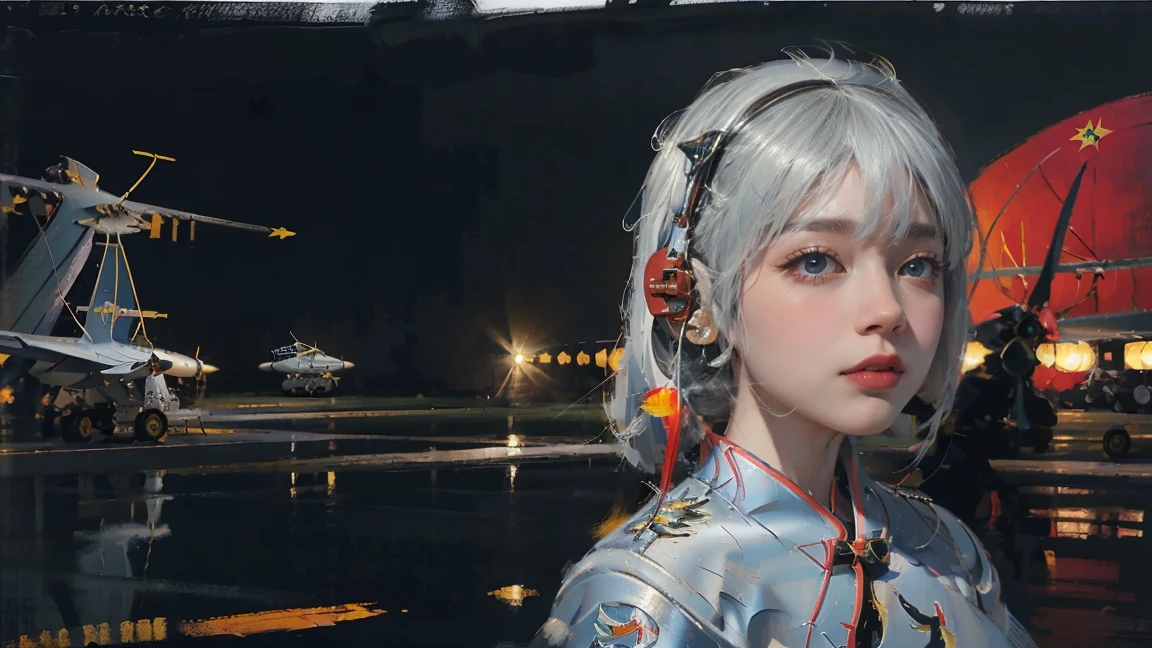 night，Oil painting style，A girl on the back，White hair，(Aviation Museum:1.6),(Upper Body:1.6),(American comic book style:1.2),(fat face:1),(red cheongsam:1.4),(earphone:1.3),(Very serious expression)