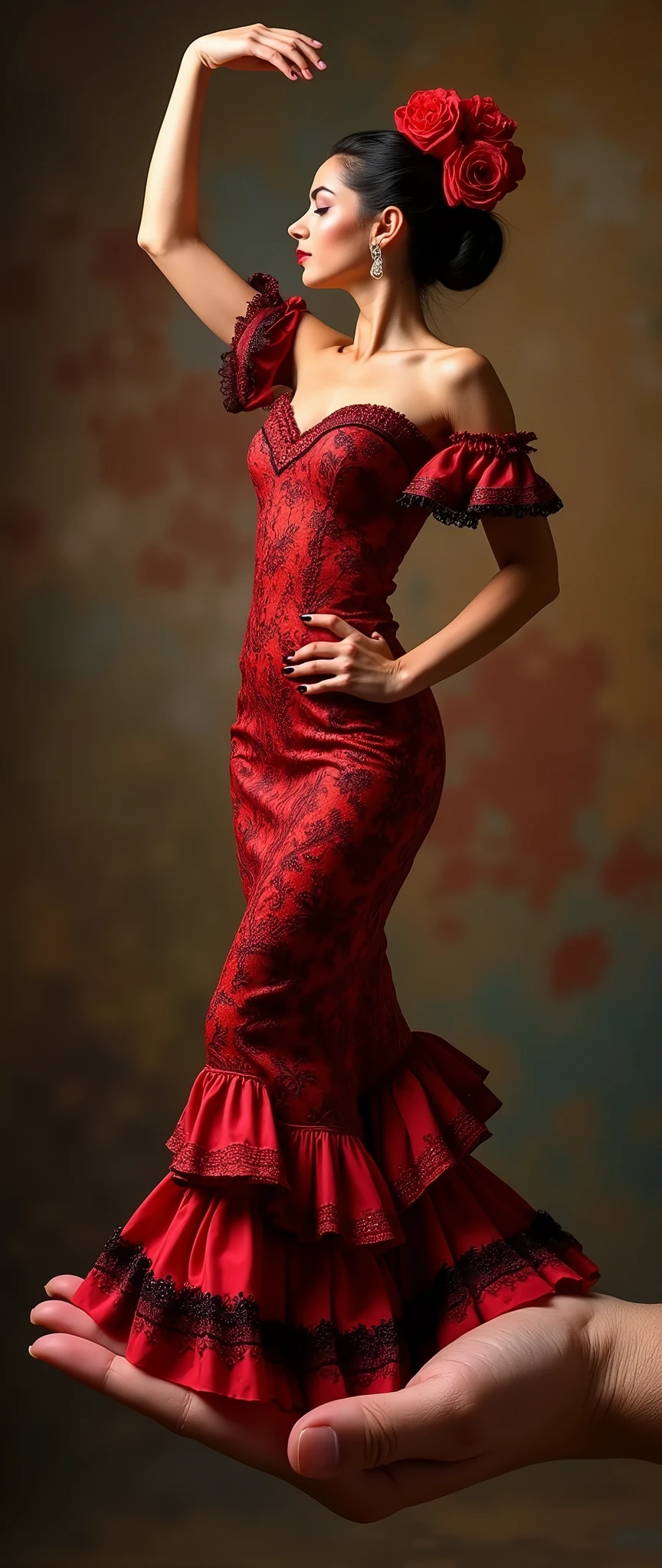 (full body Spanish woman, flamenco dancer) on a hand palm. The woman is dancing on a hand.