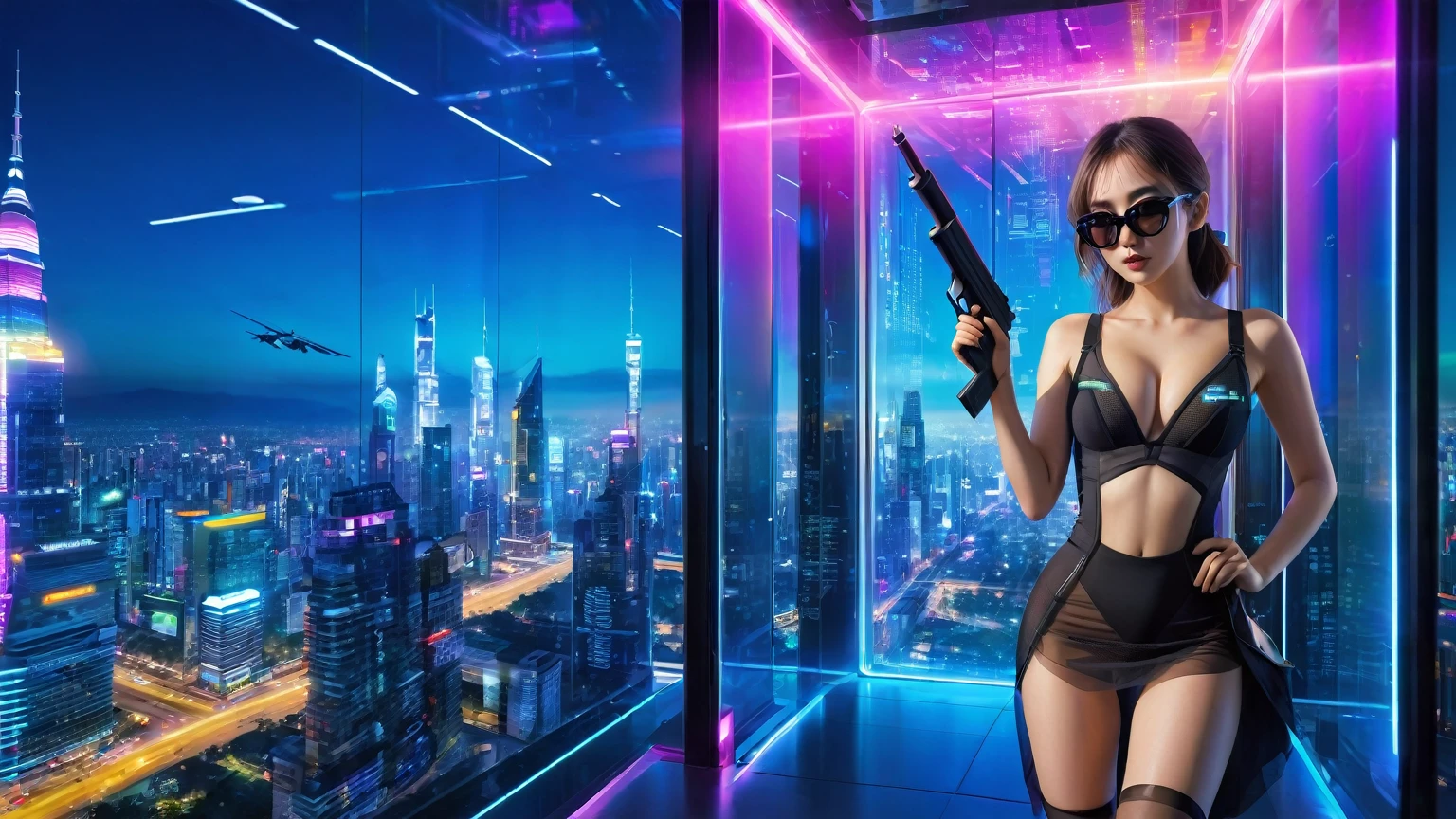 Futuristic cityscapes with colorful all-glass towering skyscrapers, flying vehicle, (futuristic teleporter). High-resolution OLED GUI interfaces in the building, The windows are filled with transparent data visualization infographics that show it all, from weather patterns to traffic flow. Colors are saturated and vibrant. At night, (1girl, solo), photo realistic, medium-breast:1.3 slim body, slim face, deep-v cleavage, high-waist one-piece short tulle dress, (micro black sunglasses, holding a short gun), half-body thigh level medium shot, cinematic lighting, ray tracing.