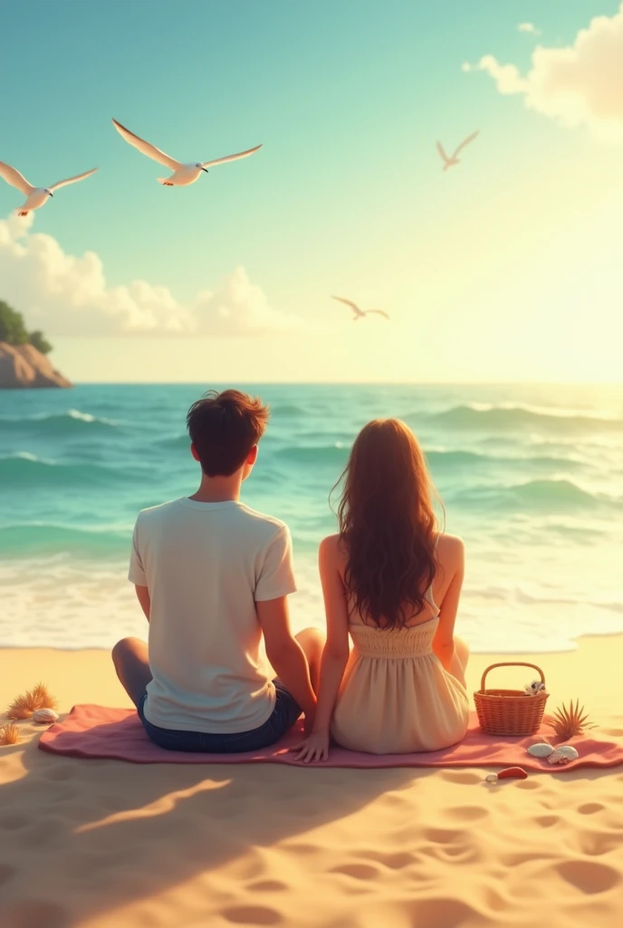 Gf and bf sit in a beach with a nice view