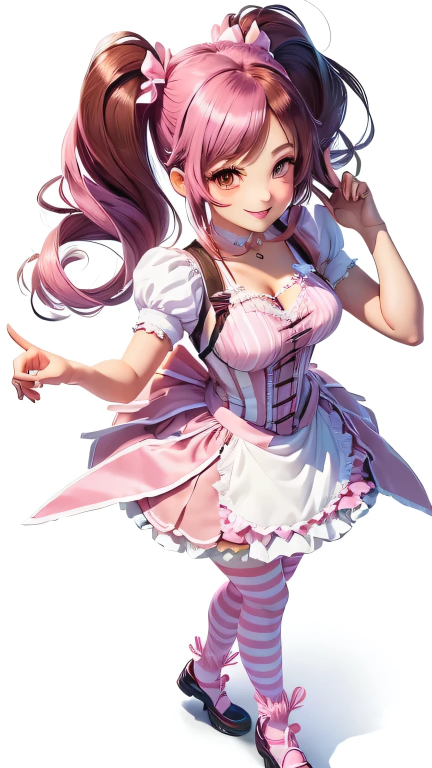 Cartoon girl in pink dress and striped socks, Happy smile,maid outfit, Cute anime girl in a beautiful skirt, My dress up dear anime, !!Full body portrait!!, Maid costume, Game image, Screenshot of fashion game, Inspired by Sim Sa-jeong, The charming Tifa Lockhart, Full body fairy, Pink and white, Faye Valentine