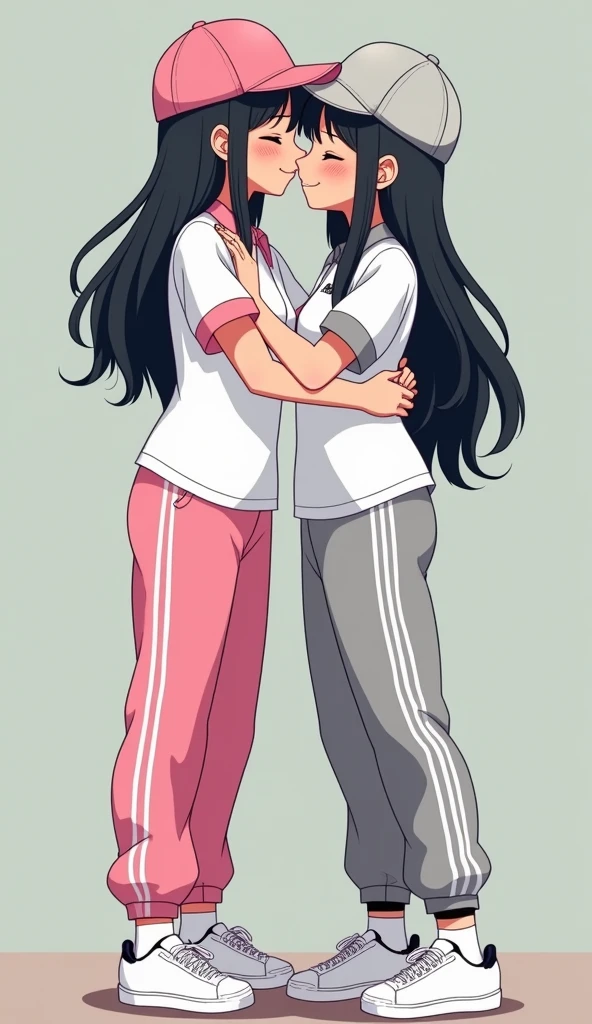Two girls long black hairs, yuri
The first girl wear a pink adidas pants, white socks, white adidas sneakers.
The second girl wear a grey adidas pants, white socks, white adidas sneakers.
Japanese kiss, lesbian kiss, hugging, sensual body, closed eyes, novel cartoon, 4K, HD