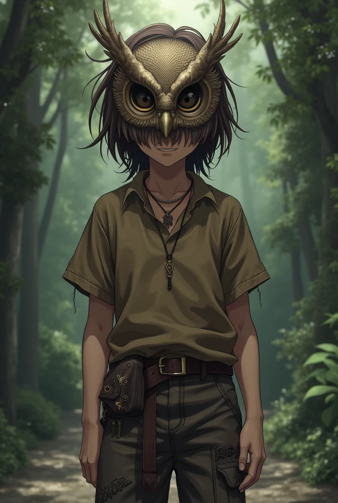 Human, dark brown hair, owl mask covering eyes, smiling, old brown shirt, tribal pants, boy, looks a bit crazy, is an exorcist, anime