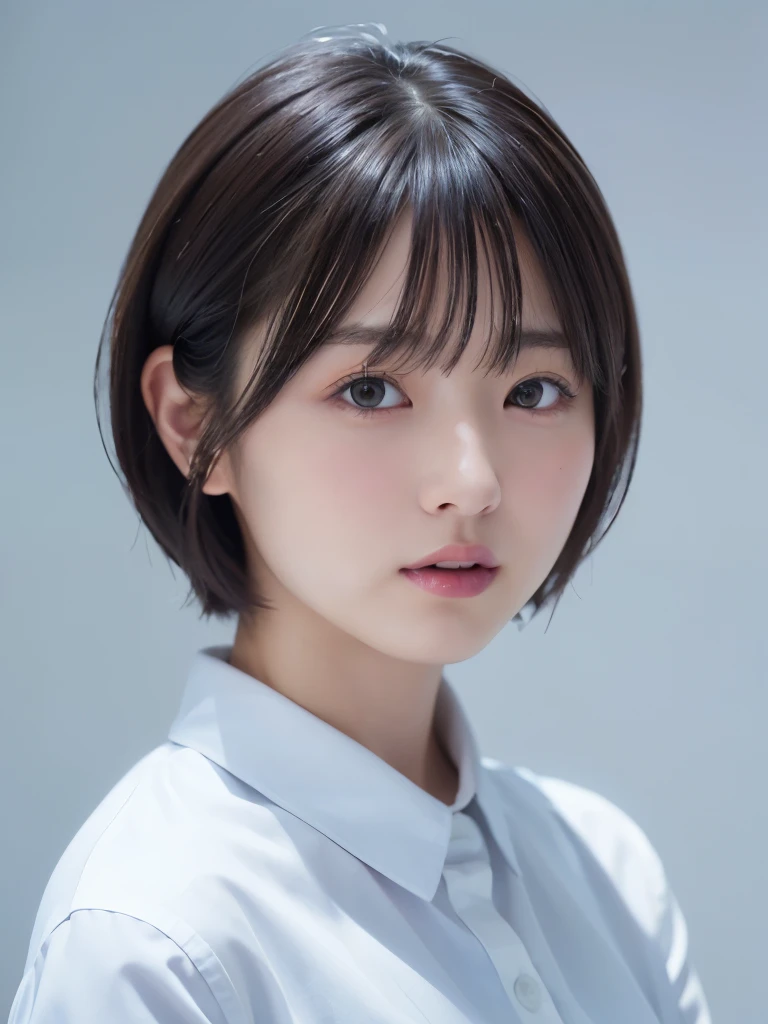 Very cute one、、short hair、Gray Hair、reduce hair volume、White-blue background、Upper Body、(head shot:1.5)、Eyes focus、Collared shirt、Laughter、、(8k、RAW Photos、Highest quality、masterpiece:1.2)、(Realistic、Realistic:1.3)、Hmph、The depth of the written world、Wide Light、High Contrast、(Shine:1.4)、chromatic aberration、Sharp focus、Raw color photography、Cinema Lighting、8k解像度、