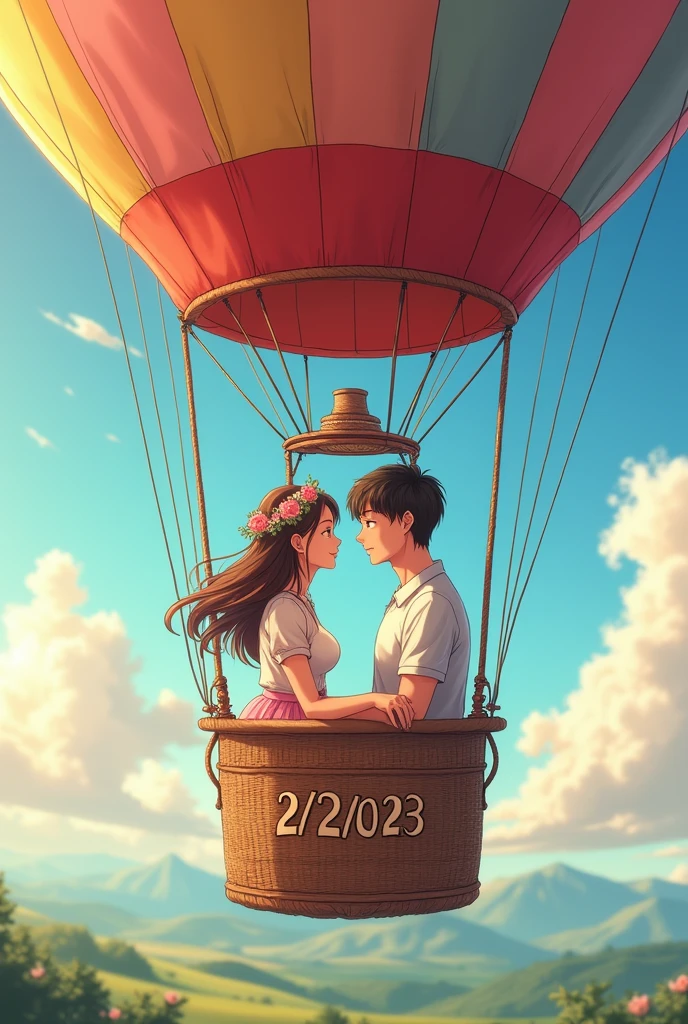 High quality photography, of a couple in love, Both are 1, the man and woman couple, They are in a balloon that has the date 2/12/2023 and the date is perfectly visible Anime drawings
