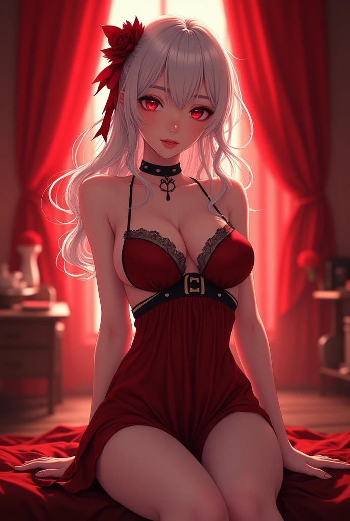 A seductive and captivating anime style illustration of a woman in a corset, posing seductively for a photo. She has pale hair with a hint of red and dark, mesmerizing eyes. Wearing a short, strappy nightgown that reveals just the right amount of skin, she exudes a charming and seductive look as she stares directly into the camera. The background is a vibrant cinematic scene from a Korean MMO game, with a mix of futuristic and mythical elements. The overall composition is conceptual and evokes a feeling of intrigue and desire., conceptual art, illustration, cinematic, vibrant, anime. The monochromatic red color palette adds to the overall feeling of sophistication, elegance and drama, achieved with Unreal Engine 5, Nvidia. graphic rendering,