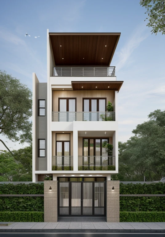Exterior of house, mordern material decorations, (canopy in front of house:1.4), (a road in front of house:1.3), tree, sky, cloud, morning weather.