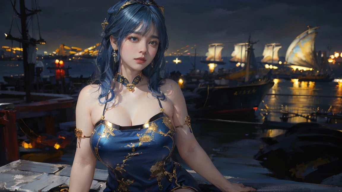 (The huge harbor in the background:1.5)，Oil painting style,The girl is on the other side,,Gold headdress，(Blue medium hair:1.2)，Late Night,(Blue cheongsam:1.2),(Metal:1.2),(Fat Face:1.2),(Upper body:1.),(Blue armlet:1.1),Crimson lips,With bang