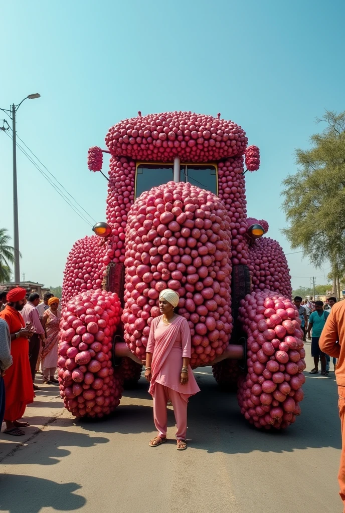 The image shows a group of people standing on the side of a road, watching a vehicle made of red onions. The vehicle is in the center of the image, with the onions arranged in a way that they form the shape of a tractor. The onions are stacked on top of each other, creating a unique and eye-catching design. The people in the vehicle are dressed in traditional Indian clothing, with some wearing turbans and others wearing headscarves. The sky is blue and there are trees in the background. The image appears to be taken during the day, as the sun is shining brightly.