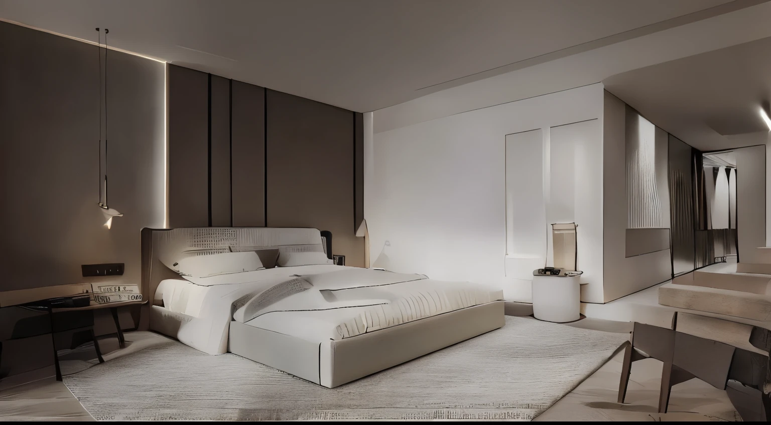 a room with minimalist interior details, yellowish lighting, white walls