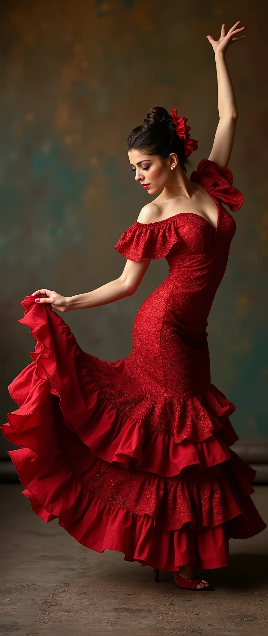 Beautiful busty Spanish fashion model dancing flamenco、Professional appearance、At a powerful angle、Uplifting、Dynamically、A closer shot、Looking seductively at the camera、Canon Eos 24mm, In detail、4K, 8k,