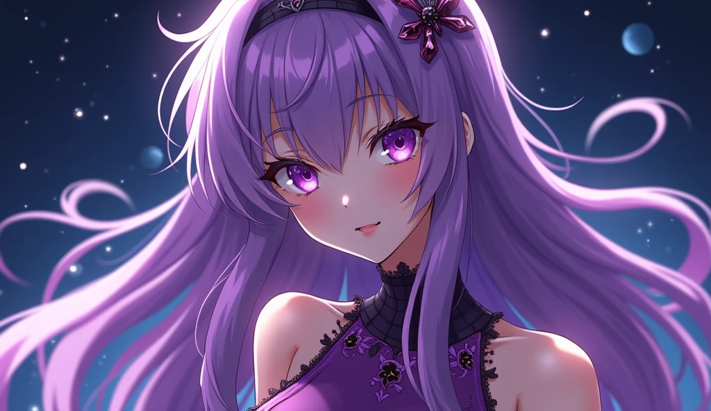 Anime girl with purple hair and purple eyes wearing a purple outfit., Ayaka Genshin Impact, [[[[smiling evilly]]]], akasuki void star, portrait onmyoji, Hajime Yataté, Moe anime art style, portrait, Knights of the Zodiac, , genshin impact keqing, ayaka game genshin impact, naked on the street in a bed