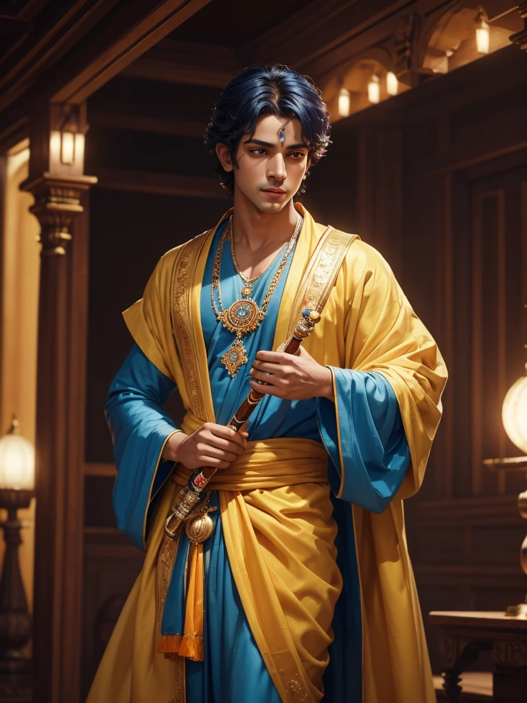 a divine blue-skinned prince, extremely detailed face and beautiful eyes, serene expression, holding a flute and sudarshan chakra, dressed in traditional yellow and orange robes, standing in a lush Vrindavan landscape, 1boy, (best quality,4k,8k,highres,masterpiece:1.2),ultra-detailed,(realistic,photorealistic,photo-realistic:1.37),HDR,UHD,studio lighting,ultra-fine painting,sharp focus,physically-based rendering,extreme detail description,professional,vivid colors,bokeh,digital painting,concept art