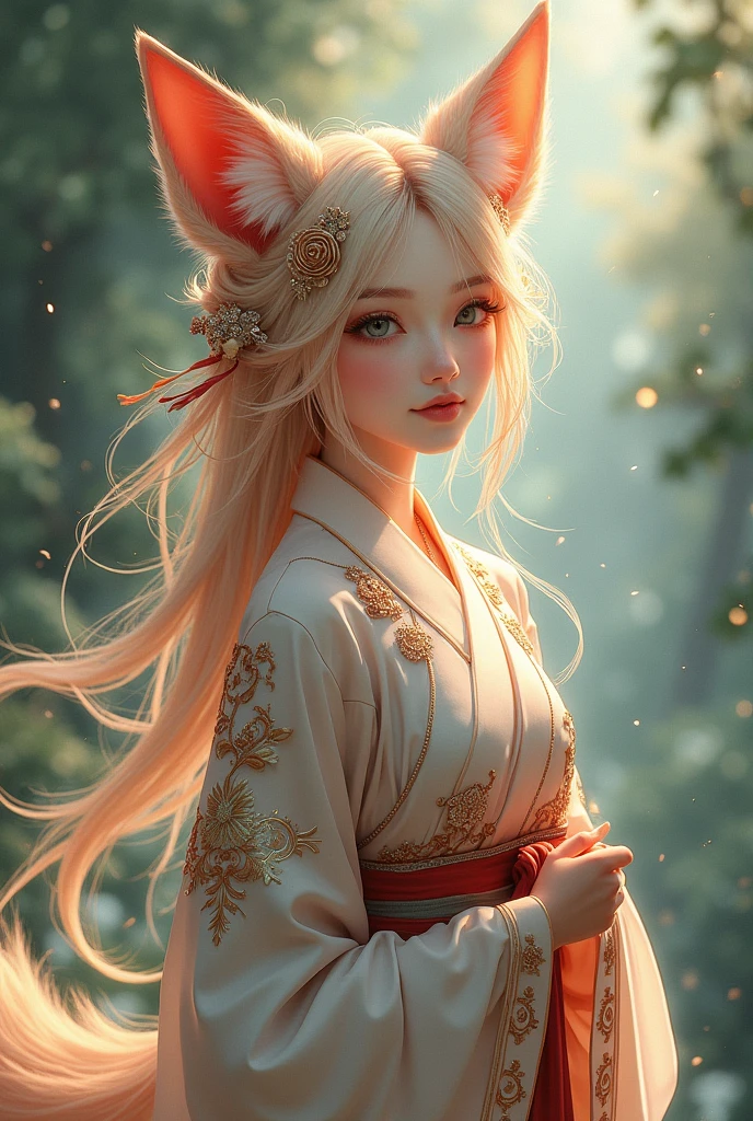 A beautiful fox anime character dressed in gorgeous clothes