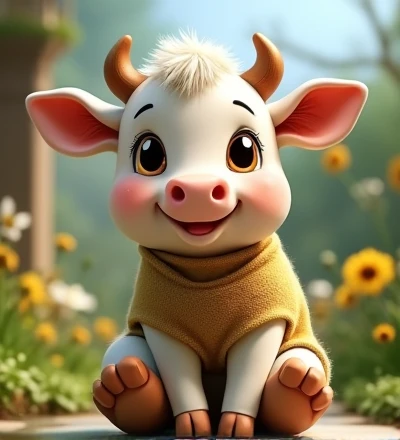 Imagine a lifelike little cow with humorously exaggerated features, oversized, dressed in cute clothes, bright eyes and curiosity, smiling, frontal image, smiling little cow, Disney style, capturing natural textures, although its little paws are slightly larger, they are even cuter. The background is a simple garden, with a focus on natural colors and some green plants, creating bright colors, black and white patterns, and small cows