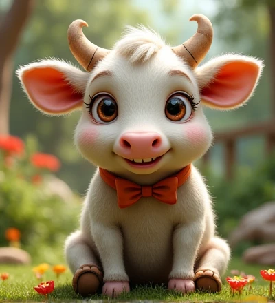 Imagine a lifelike little cow with humorously exaggerated features, oversized, dressed in cute clothes, bright eyes and curiosity, smiling, frontal image, smiling little cow, Disney style, capturing natural textures, although its little paws are slightly larger, they are even cuter. The background is a simple garden, with a focus on natural colors and some green plants, creating bright colors, black and white patterns, and small cows