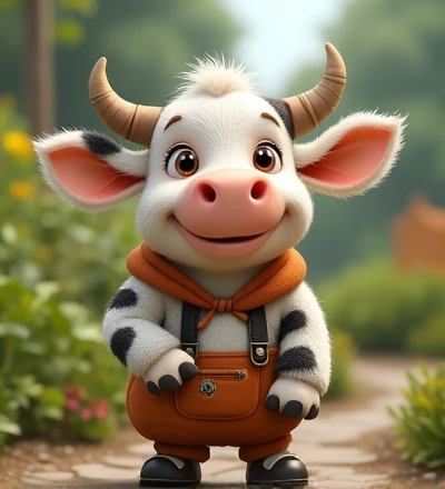 Imagine a lifelike little cow with humorously exaggerated features, oversized, dressed in cute clothes, bright eyes and curiosity, smiling, frontal image, smiling little cow, Disney style, capturing natural textures, although its little paws are slightly larger, they are even cuter. The background is a simple garden, with a focus on natural colors and some green plants, creating bright colors, black and white patterns, and small cows