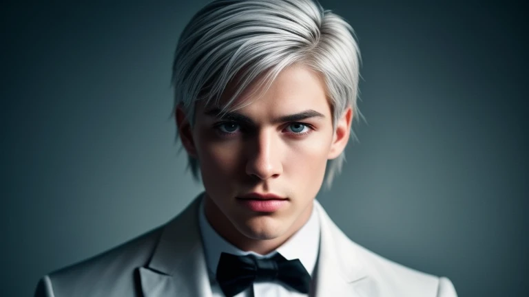 
Certainly! Here's a detailed prompt based on your description:

A handsome young boy with striking silver hair and piercing blue eyes, his sharp and serious features give him a sophisticated and perfect appearance. His white skin contrasts beautifully with his shiny, well-defined lips, adding to his immaculate look. He's dressed in a sleek, formal suit that complements his refined demeanor, making him appear as a professional with a hint of enigmatic charm.
