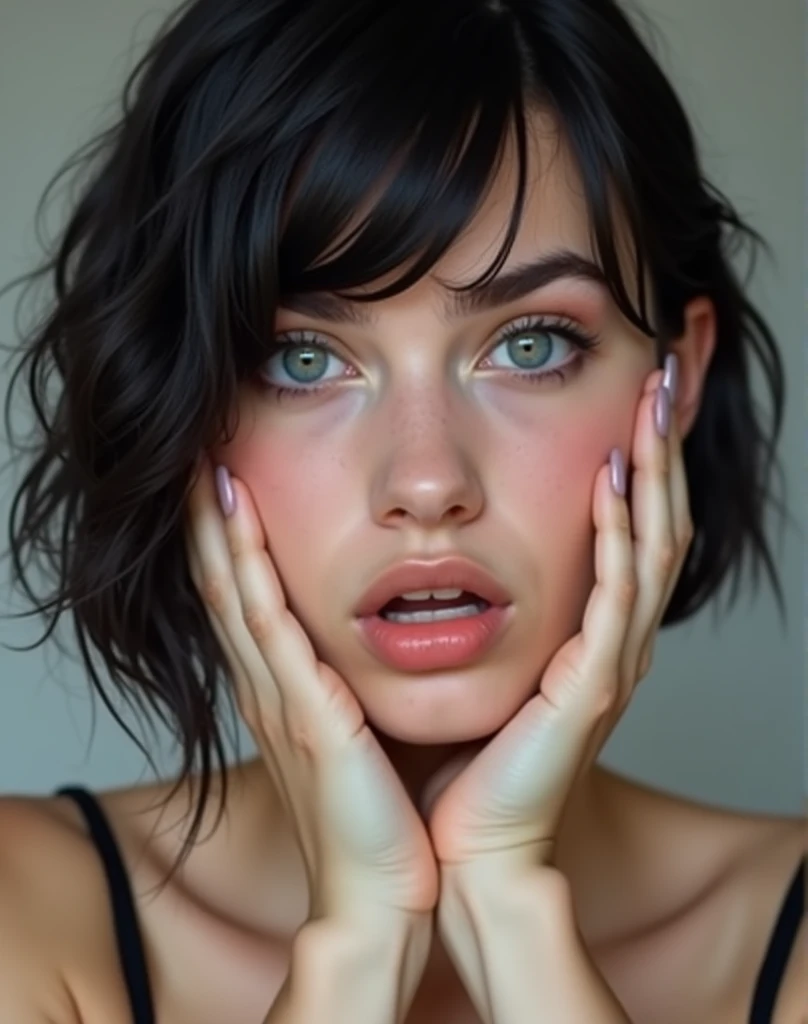 RAW photo, best quality, masterpiece, photorealistic, Polish girl, 20 years old, black hair, Light grey eyes, short bob cut, hair in 7 thirds, hair over one ear, Symmetrical eyes, solo, White skin, Detailed Skin, Detailed face, Big Breasts, rip gloss, blush, wet hair, close-up of face, summer clothes, gel nails, She has a surprised look on her face, her head in her hands,