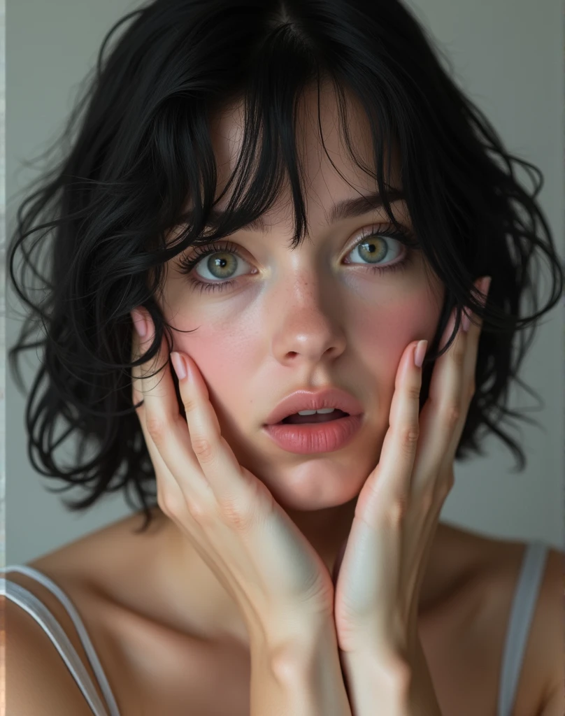 RAW photo, best quality, masterpiece, photorealistic, Polish girl, 20 years old, black hair, Light grey eyes, short bob cut, hair in 7 thirds, hair over one ear, Symmetrical eyes, solo, White skin, Detailed Skin, Detailed face, Big Breasts, rip gloss, blush, wet hair, close-up of face, summer clothes, gel nails, Her face is shocked, she touches the top of her head with both hands.