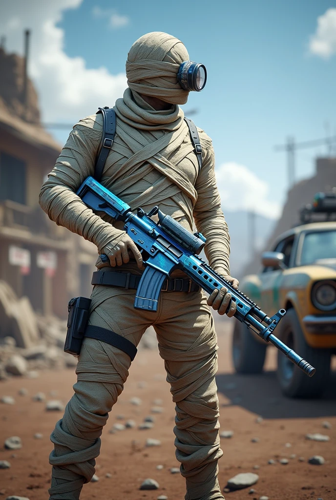 Create a profile of a pubg game with a player standing in a mummy suit and holding an m416 glacier gun with a nice car skin in the background.