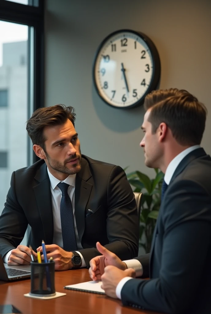 two muscular men talking in an office young man resembling Joe Manganiello dressed casually in a New York office talking to his 30 year old boss resembling Matt Bomer who is wearing a black suit with a tie, both are sitting at a desk and on the desk There is a laptop, a pencil holder, a spiral notebook, on the wall there is an analog clock that shows 04:30 in the afternoon, the image is 4k