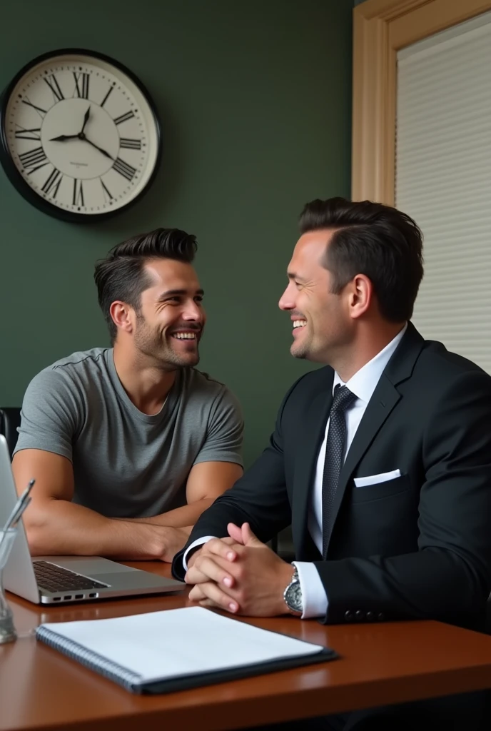 two muscular men talking in an office young man resembling Joe Manganiello dressed casually in a New York office talking to his 30 year old boss resembling Matt Bomer who is wearing a black suit with a tie, both are sitting at a desk and on the desk There is a laptop, a pencil holder, a spiral notebook, on the wall there is an analog clock that shows 04:30 in the afternoon, the image is 4k