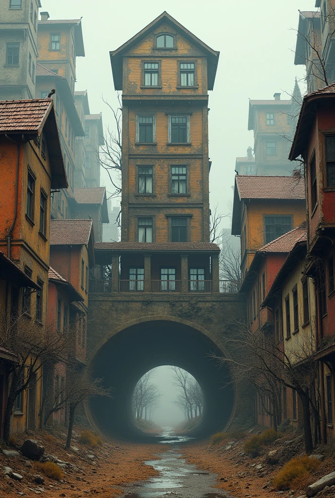 a city with old houses and buildings. A tall building of old construction pushed forward. on one side of the building, several houses forming a circle cut in half, with the ground lifting them and making a hole in the ground where there was no house, and the same thing on the other side. And Behind the houses, several other houses stacked on top of each other. the houses had different colors and were colorful but were dirty with mud and water