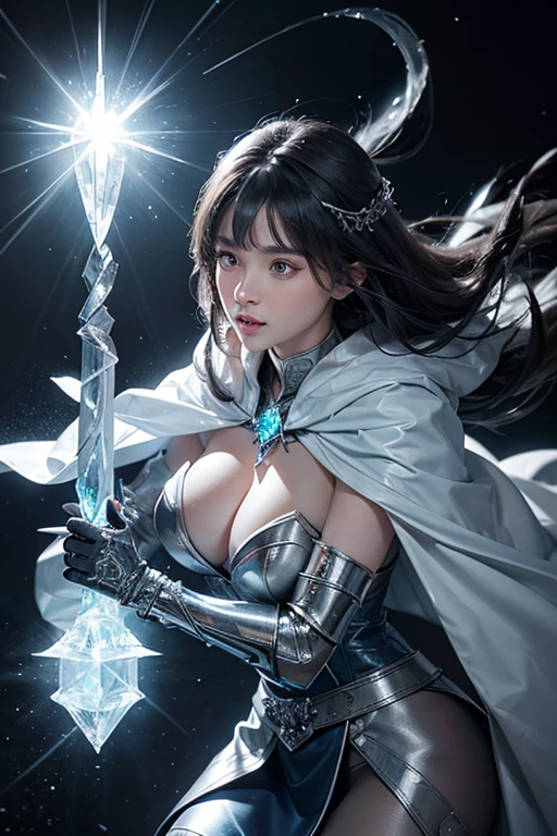 Black Hair, High resolution, Big Tits,Super Breasts,Large Breasts,Saggy breasts,Big white round ass, Plump, Droopy eyes, Showing teeth, Chubby, Brown Hair, bangs, Large Breasts, Underbust, See through, Stick your butt out,Keep your butt up, A high-necked top with an armor-like design that combines deep blue and silver.,Hard metal panels reminiscent of ice crystals are placed from the shoulders to the chest, giving off a cold glow.,The fabric is engraved with runes to concentrate magical power, and emits a pale blue light whenever it moves.,Black and silver leather pants Slim fit that hugs the entire leg,From the knees down, the armor is decorated with sharp, sharp ice blades, designed to allow for swift movement in combat.,A silver chain belt is worn around the waist with a huge ice crystal shining in the center.,A deep blue cloak spreads out from his back, with an ice-cold silver sheen on the inside.,Ice crystals form around the edge of the cloak, and every time it sways in the wind, it sends chills through the air.,The lining of the cloak features an ancient magic circle that amplifies her magical power.,His black boots are fitted with sharp, silver armor plates, and ice crystals float at his feet.,The tips of the boots are as sharp as icicles, allowing them to deliver powerful blows to opponents in battle.,On his head is a shiny metal helmet with sharp edges that resemble ice crystals.,A large blue diamond is set into the center of her helmet, symbolizing her ice powers.,An icy aura radiates from her helmet, accentuating her majesty.,He wears black and silver metal gauntlets on both his hands, with ice spikes growing from the back of his hands to his fingertips.,The gauntlet is inscribed with ice runes that give off a faint light whenever she uses magic.,Silver necklace with ice crystal in the center,The crystal is a medium for concentrating her cold energy, and glows pale blue whenever her magical power is amplified.,The staff he holds is made of ice crystal tha