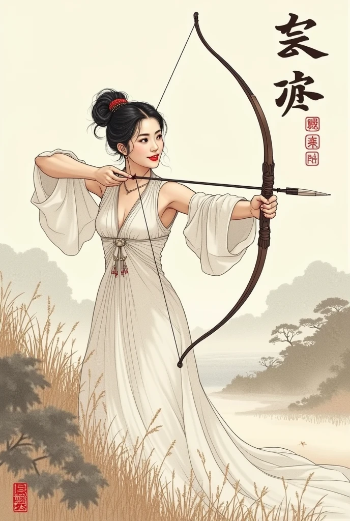 Ancient Chinese painting, line drawing of Phukan, a beautiful Chinese woman with a smiling face, red lips, sharp eyes, wearing a long white dress, Doi Mei Lad Ya, in an archery field, drawing an arrow.