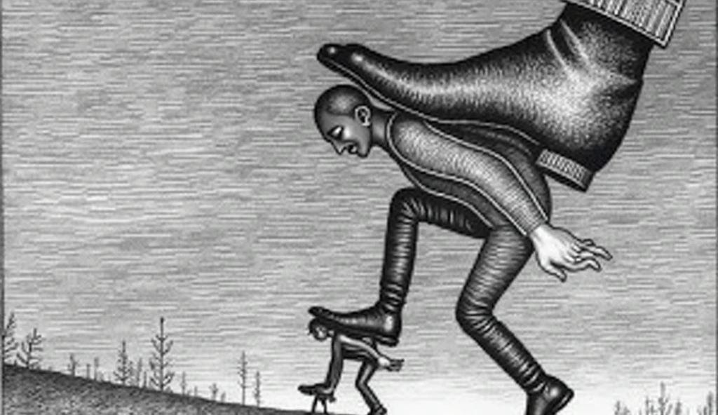 A lil man on ground stepping on a more dwarf man, another big man is stepping on the lil man, a Large man is stepping on back of big man, A big gigantic Foot is stepping on back of Large man.