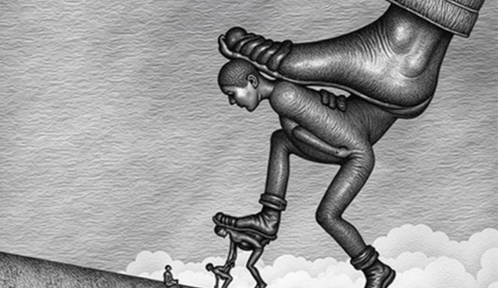 A lil man on ground stepping on a more dwarf man, another big man is stepping on the lil man, a Large man is stepping on back of big man, A big gigantic Foot is stepping on back of Large man.