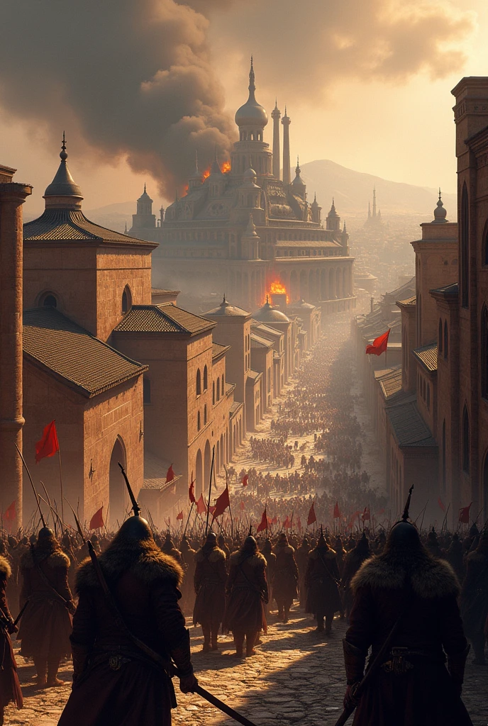 The destruction and looting of the old city of Urganch by Genghis Khan's soldiers in 1221