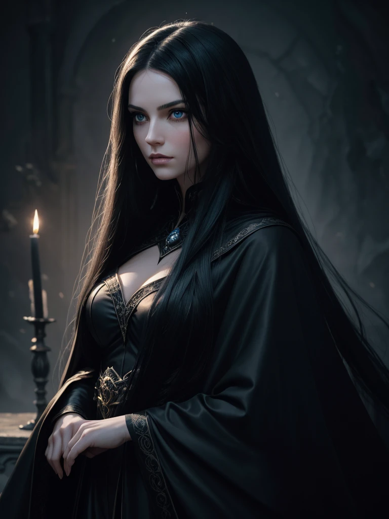 Dark fantasy of a beautiful girl, long flowing hair, wearing a black cape, evil expression, looks at camera, dark setting, mystical magical fantasy enchanted ethereal, cinematic shot, cinematic scene, stunning, magical fantasy, diffused lighting, royalty, 1girl, High Resolution, Long Hair, Looking at viewer, Simple background, Black Hair, Blue eyes, Closed Mouth, Anatomically Correct, Best Quality, portrait, pale skin, white skin, jet black hair, serious, big lips, gorgeous 