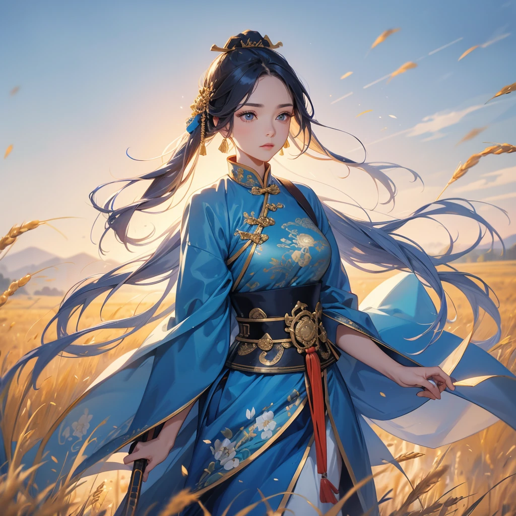 A beautiful female general holding a large spear in blue ancient Chinese general costume, standing in the middle of a wheat field.