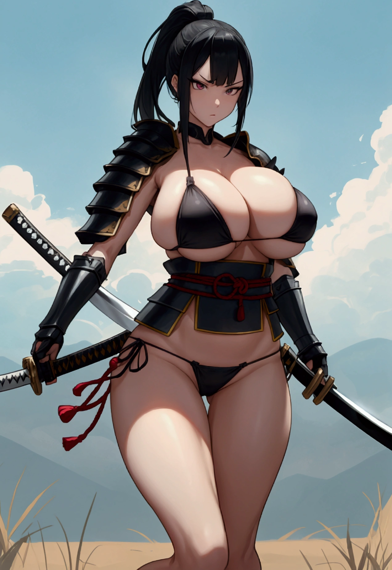 (Black Hair)、(ponytail)、(defeat)、(Japanese women)、((Holding a Japanese sword))、(Female warrior)、(Old Japanese Armor)、(bikini armor)、(Glaring with sharp eyes)、((Super big breasts)),、(battlefield)、(Outdoor)、(Plains)、(Many people々々々々々々々々々々々々)、(sunny)、(blue sky)、(Best lighting)、{{{Browsing Caution}}}、{{{masterpiece}}}, {{{Highest quality}}}, {{ultra-detailed}}, {{shape}}, {{{Very delicate and beautiful}}},{{extremely detailed CG}}、{{unity 8k portrait}}、{{Fabric Shading}}、{{super detailed skin}}、{{Perfect Anatomy}}、{{detailed}}、{{Dynamic Lighting}}、{{{beautiful detailed eyes}}}、{{{beautiful detailed Face}}}、(Perfect Legs)、(Perfect breasts)、(Perfect pose)、(Perfect body)