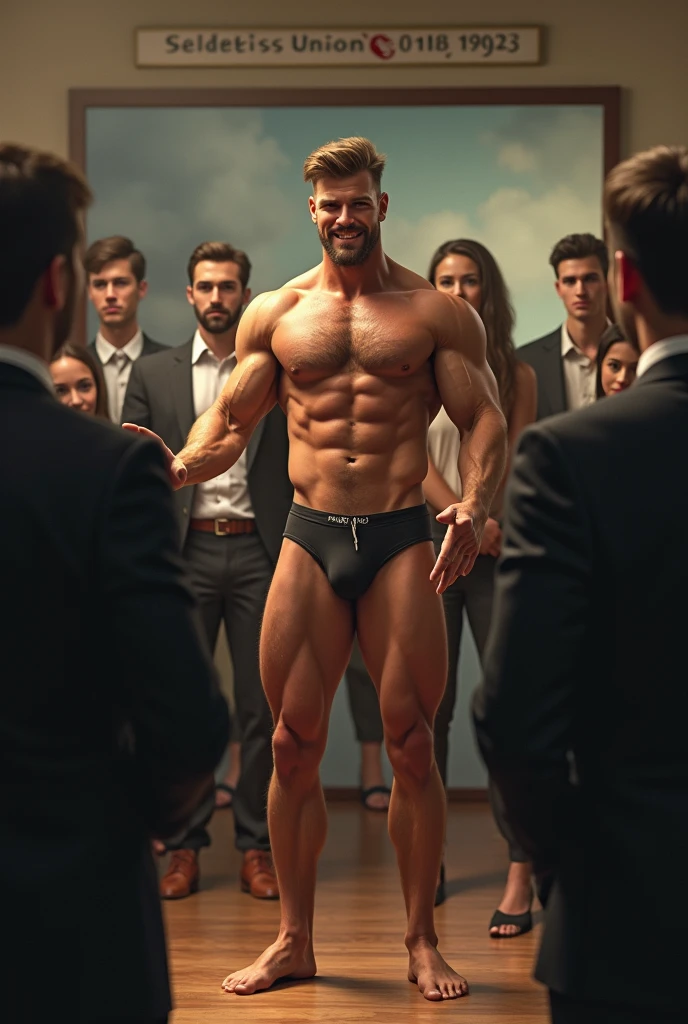 A muscle man, well-built, velludo, virile and attractive in speedos and barefoot, teaching well-dressed students at a shoeless university, in a very sensual pose with a seductive smile, surrounded by people