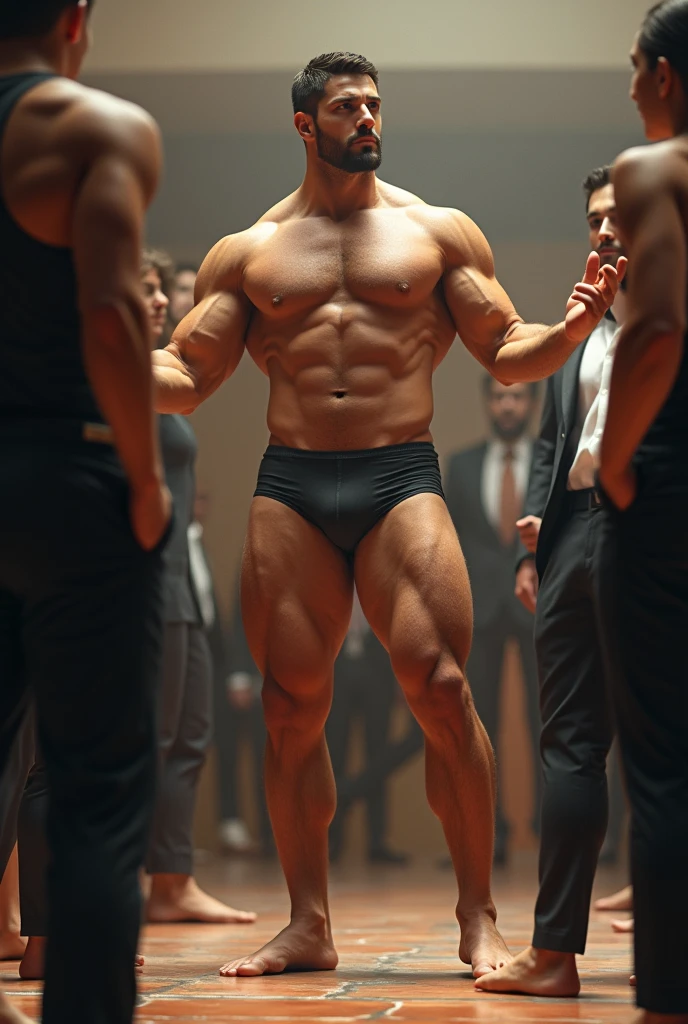 A muscle man, well-built, velludo, virile and attractive in speedos and barefoot, teaching well-dressed students at a shoeless university, in a very sensual pose with a seductive smile, surrounded by people