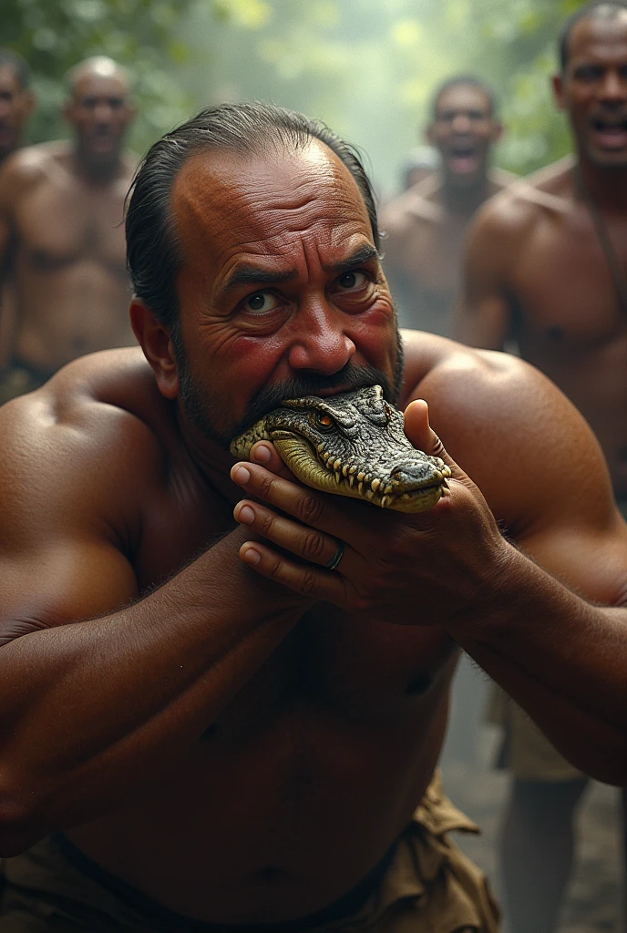The paramount chief choking on the alligator bone: The chief is in visible distress, clutching his throat as he struggles to breathe. His eyes are wide with panic, and his face is flushed. The small, sharp alligator bone is clearly lodged in his throat, partially visible and causing intense pain. The people around him are in a frantic rush, trying to help but looking helpless. The atmosphere is tense and chaotic, with the realization that something terrible is happening.