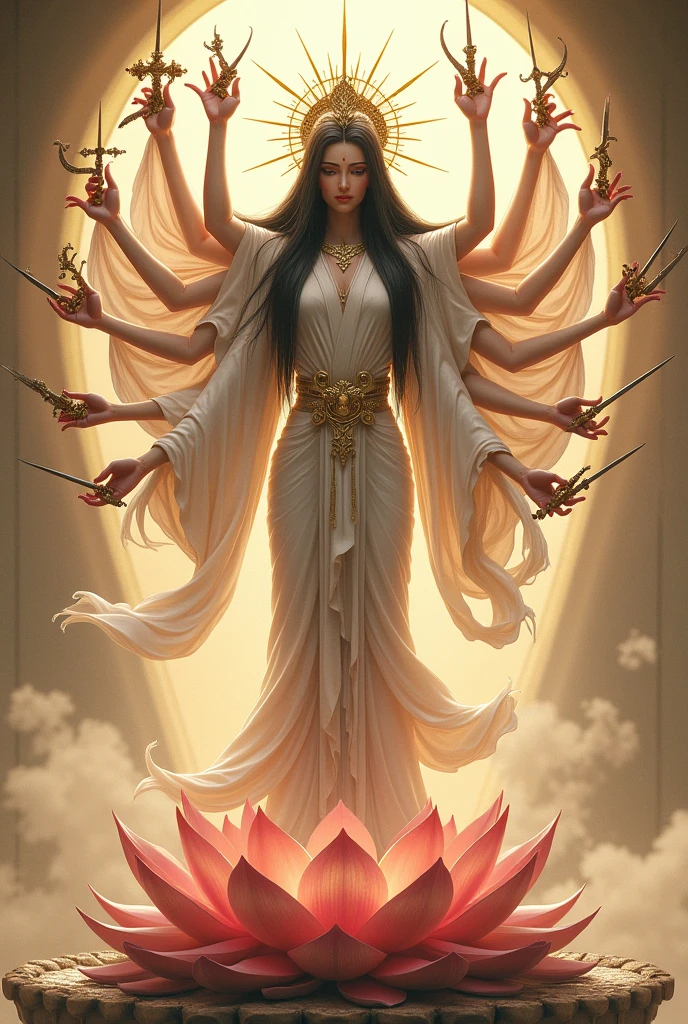 AI picture of a thousand hands thousand eyes  feminine buddha figure with long straight
 black hair wearing in white outfit brighter background standing on a lotus flower and all hands holding different types of weapons 