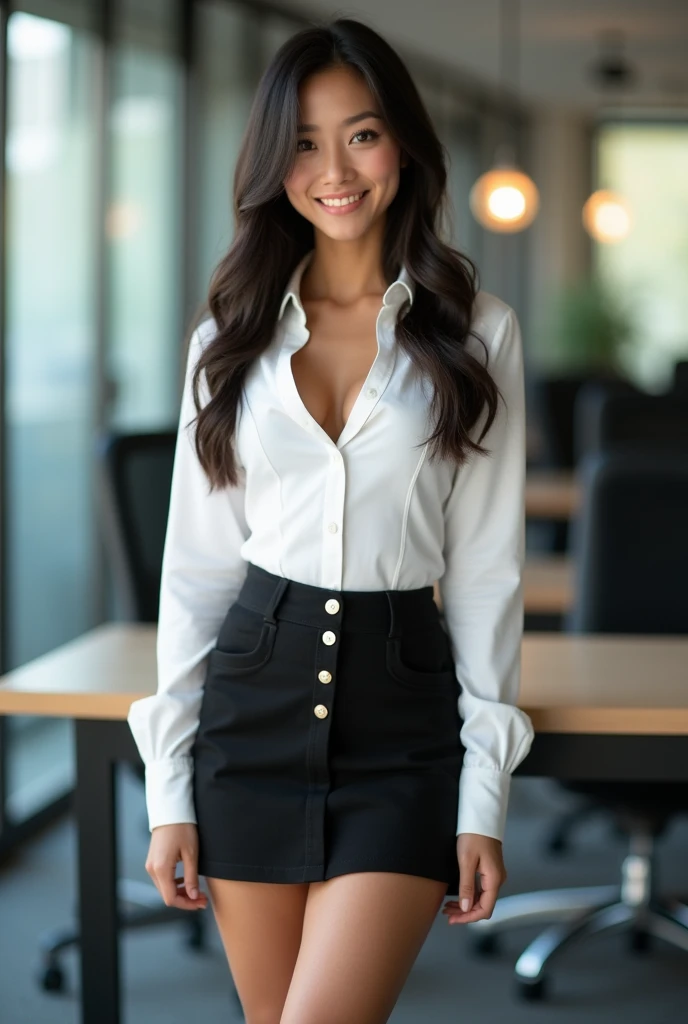 Gostosa ((best quality)), ((masterpiece sexy gostosa)), (detailedasd), photography of a 28yo Thai babe in the office, tanned skin, with a tight white shirt, exposed cleavage, with a short black skirt, with long legs and black boots, long hair, perfect face and body, slim, enhanced with surgery, realistic, happy grin