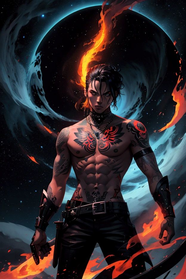 Character with tattoos with his sword in his hands on fire with a black hole in the background