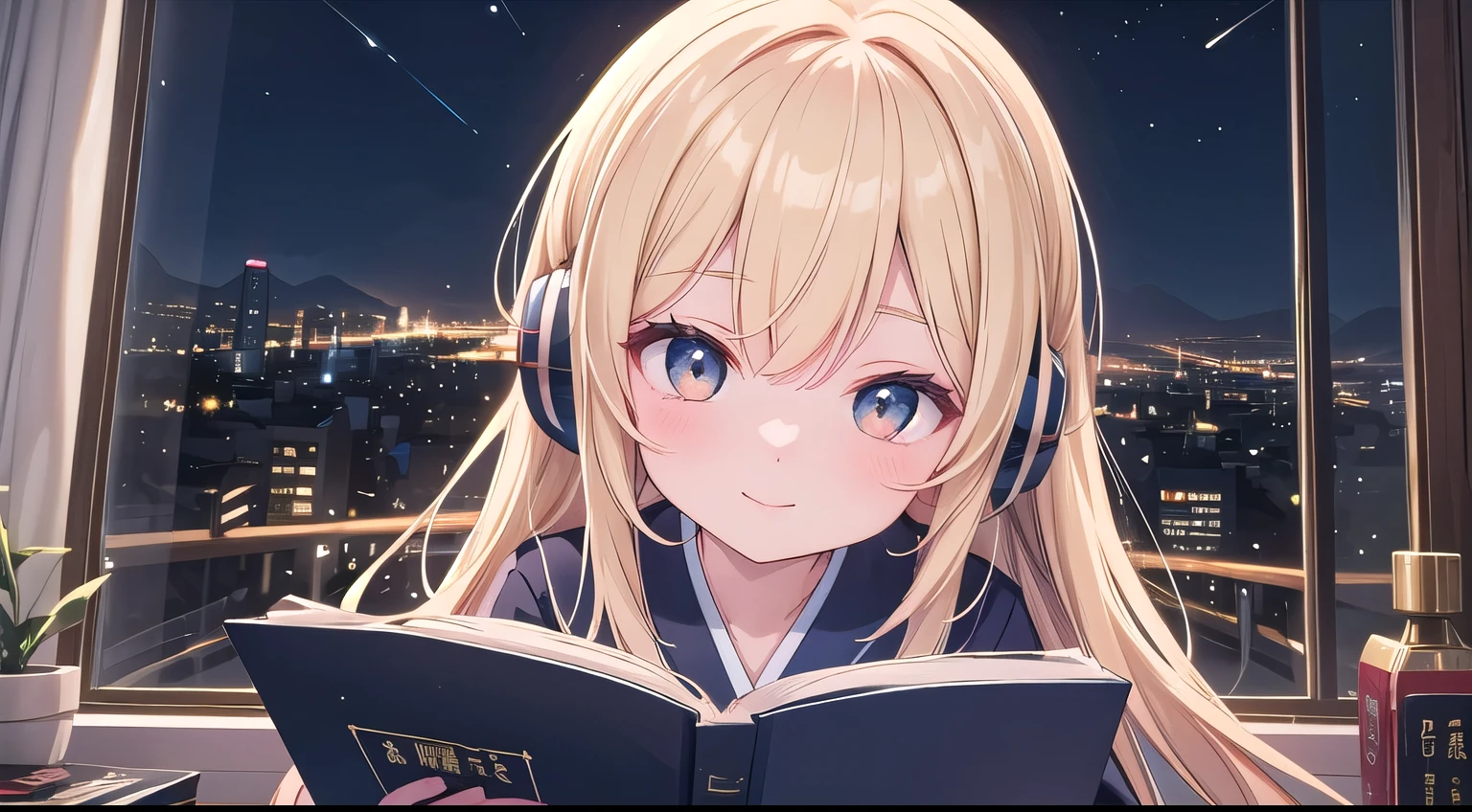 (Highest quality,masterpiece:1.2),detailed,Perfect Face,Reading a book,figure書館に座っている,with huge windows overlooking the night city,I have a book,2D Anime Style,figure,Soft lighting,Vibrant colors,night,night peaceful atmosphere,Pleasant background,Expressive eyes,A gentle smile,Flowing Hair,Put on your headphones,Bright Eyes,Likable beautiful girl Japanese anime style