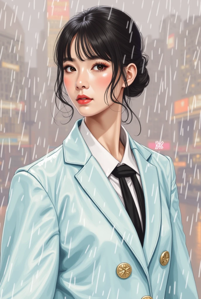 Asian woman in a blue jacket and black tie, narumi kakinouchi, Yoshitomo Nara, My motto is Teshirogi, It rains, For whom?, Chiho ashima, Chiho, kimi takemura, shikamimi, Written by Ayami Kojima