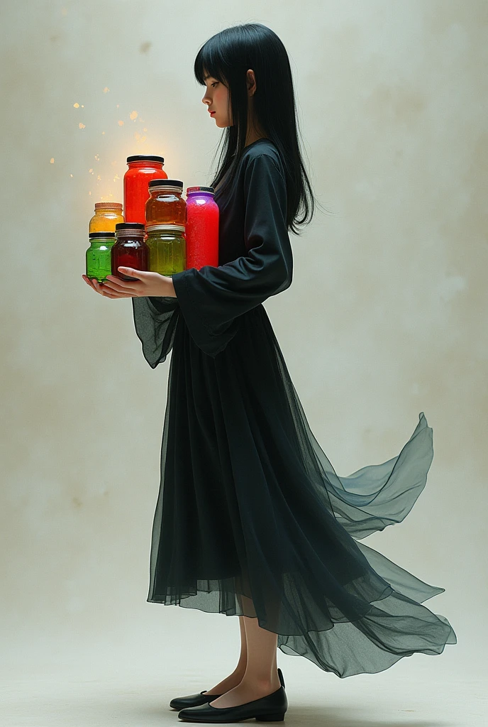 A girl dressed in a black dress and shoes with waist-length straight black hair standing holding in her arms a box with six jams of red, green, purple, etc. colors, the panel that looks like the girl&#39;s profile giving out a red jam 
