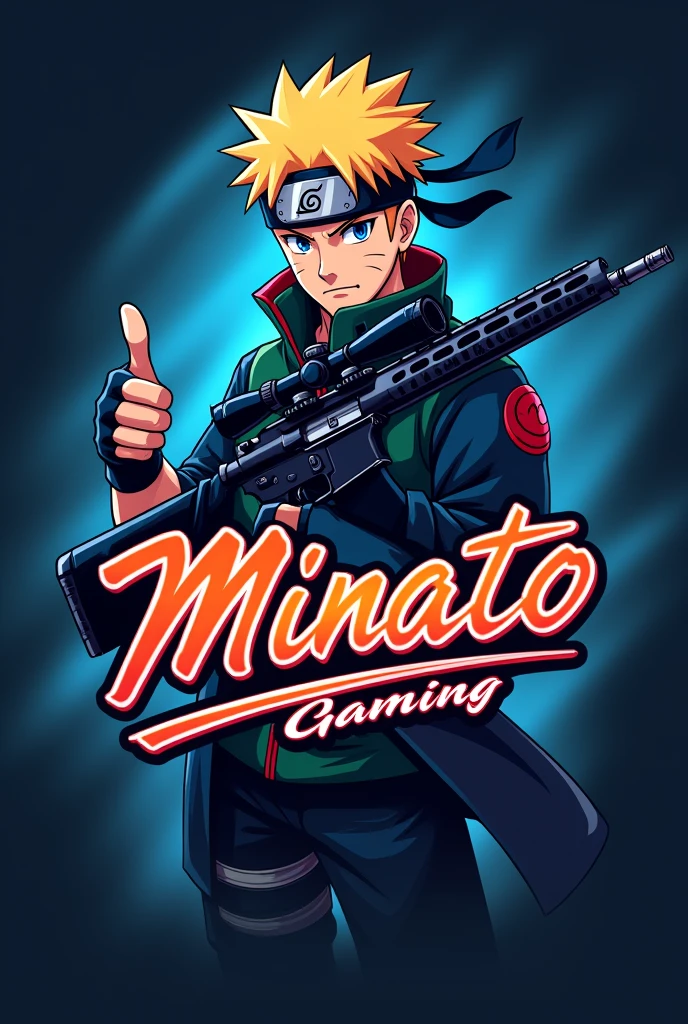 The logo features Minato Namikaze in a dynamic pose, holding an AWM sniper rifle and giving a thumbs up. The text "Minato Gaming" is written in a stylized, cursive font to him, with a subtle ninja headband incorporated into the design. The color scheme is a mix of blue and orange, evoking a sense of energy and playfulness. the background should have some dark dynamic blur background