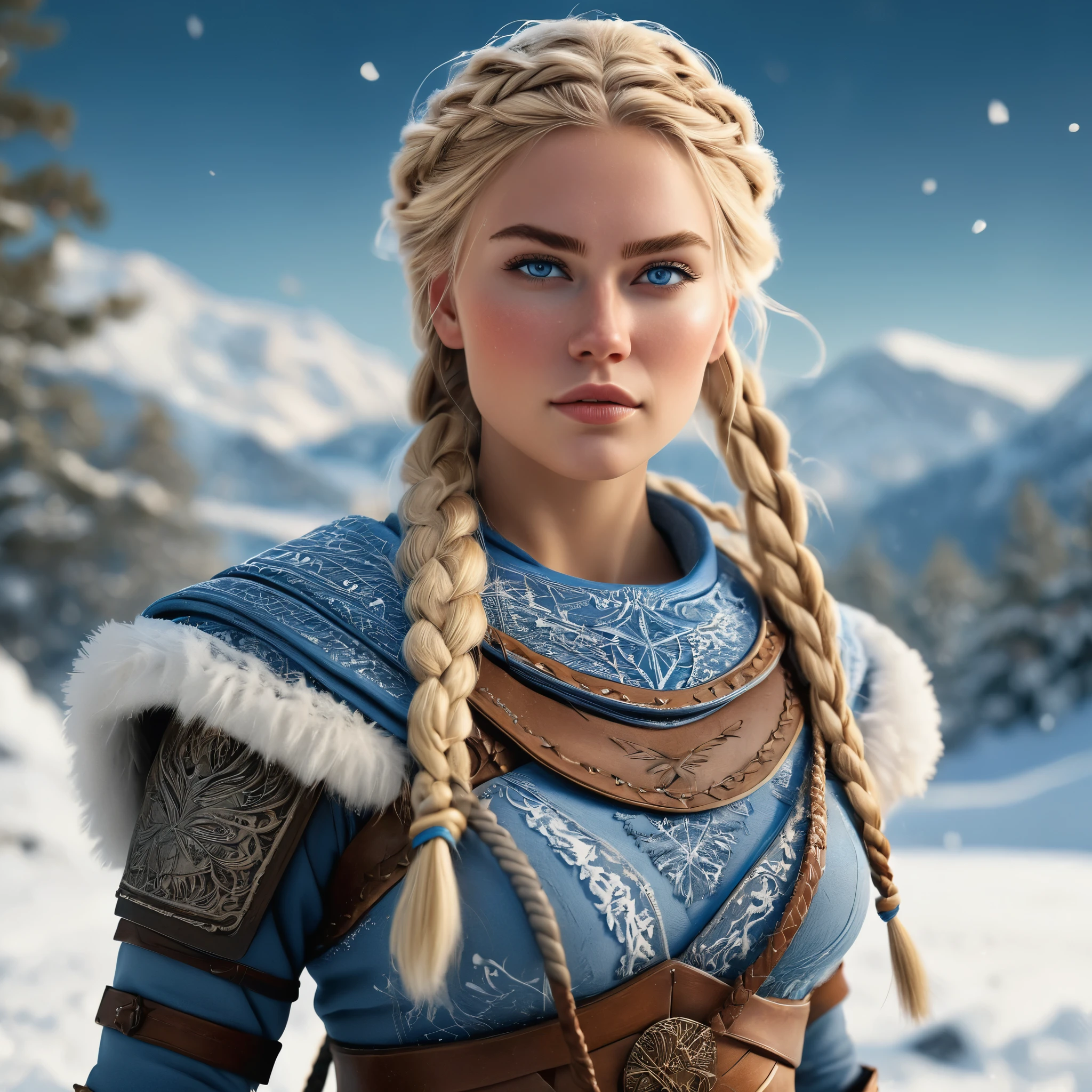 (realistic:1.2), analog photography style, Scandinavian warrior woman, wonderful snow scene, braided blonde hair, whole body, soft natural light, Cute and sexy, joy, detailed face and blue eyes, Excellent quality, masterpiece, detailed northern background, quality: 16K, RAW photo