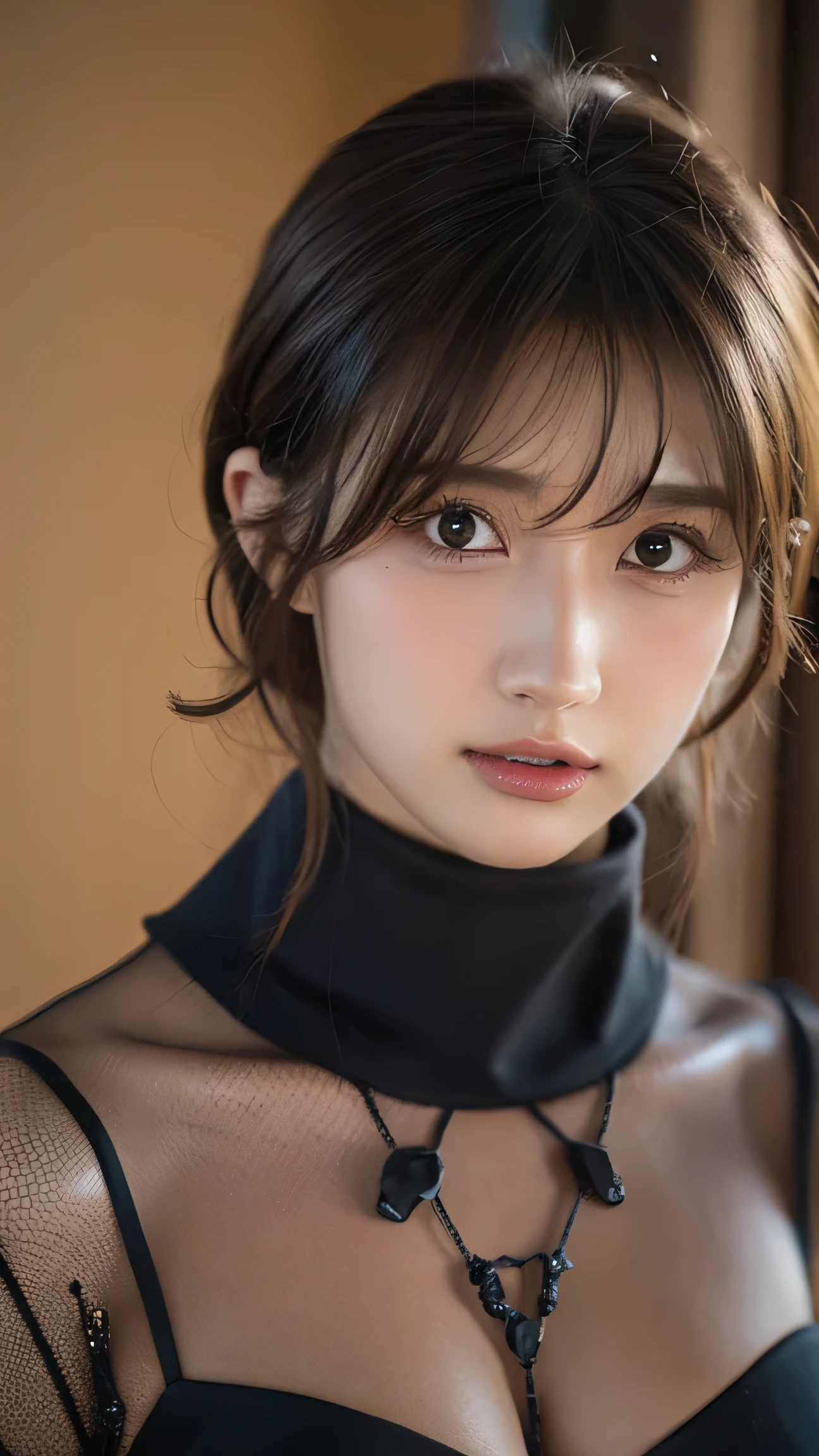 Ultra-high resolution, Superior Quality, Highest quality, Very detailed, Realistic, 8k, RAW Photos, Highest quality, masterpiece, Charm, wonderful, Black short hair, Asymmetrical bangs, Japanese Idols, Sophisticated, stylish, Stylish sheer shirt coordination,Realistic skin texture